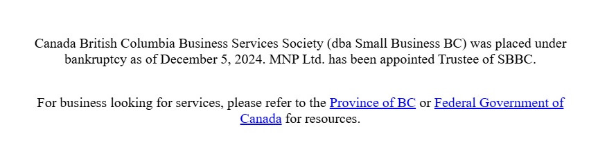 Screenshot of the bankruptcy notice on the Small Business BC website